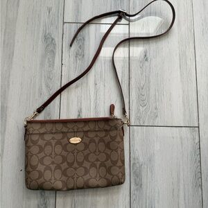 Coach Signature Beige Monogram  Slim Crossbody Purse Bag